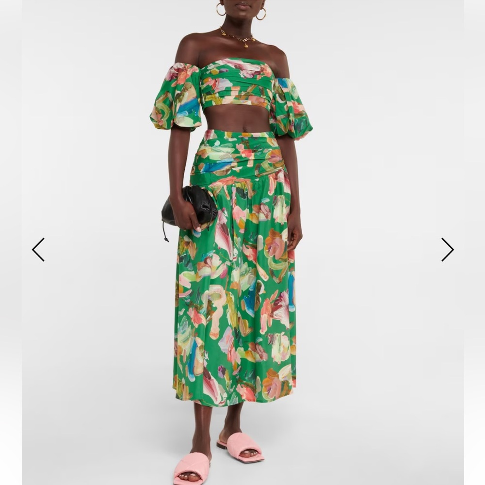 ALÉMAIS Arlo floral silk puff-sleeve crop top+ Arlo Floral Silk Midi Skirt 💚